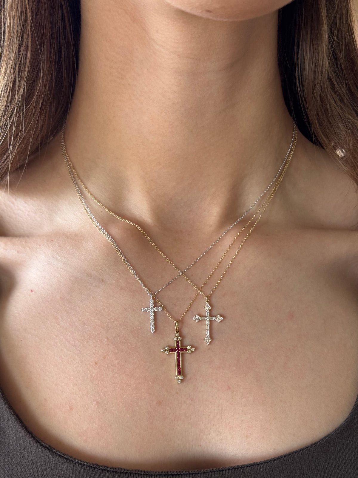 Round and Baguette Diamond Cross Necklace