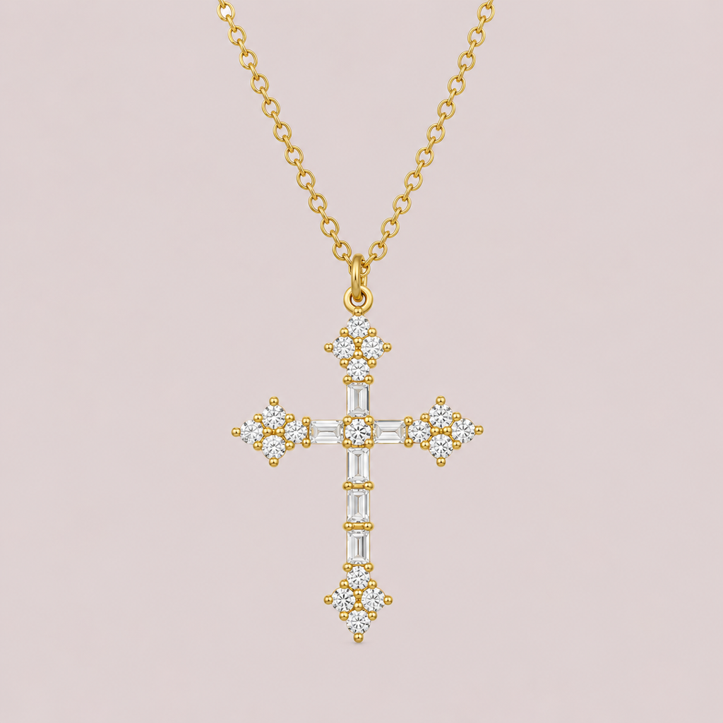 Round and Baguette Diamond Cross Necklace