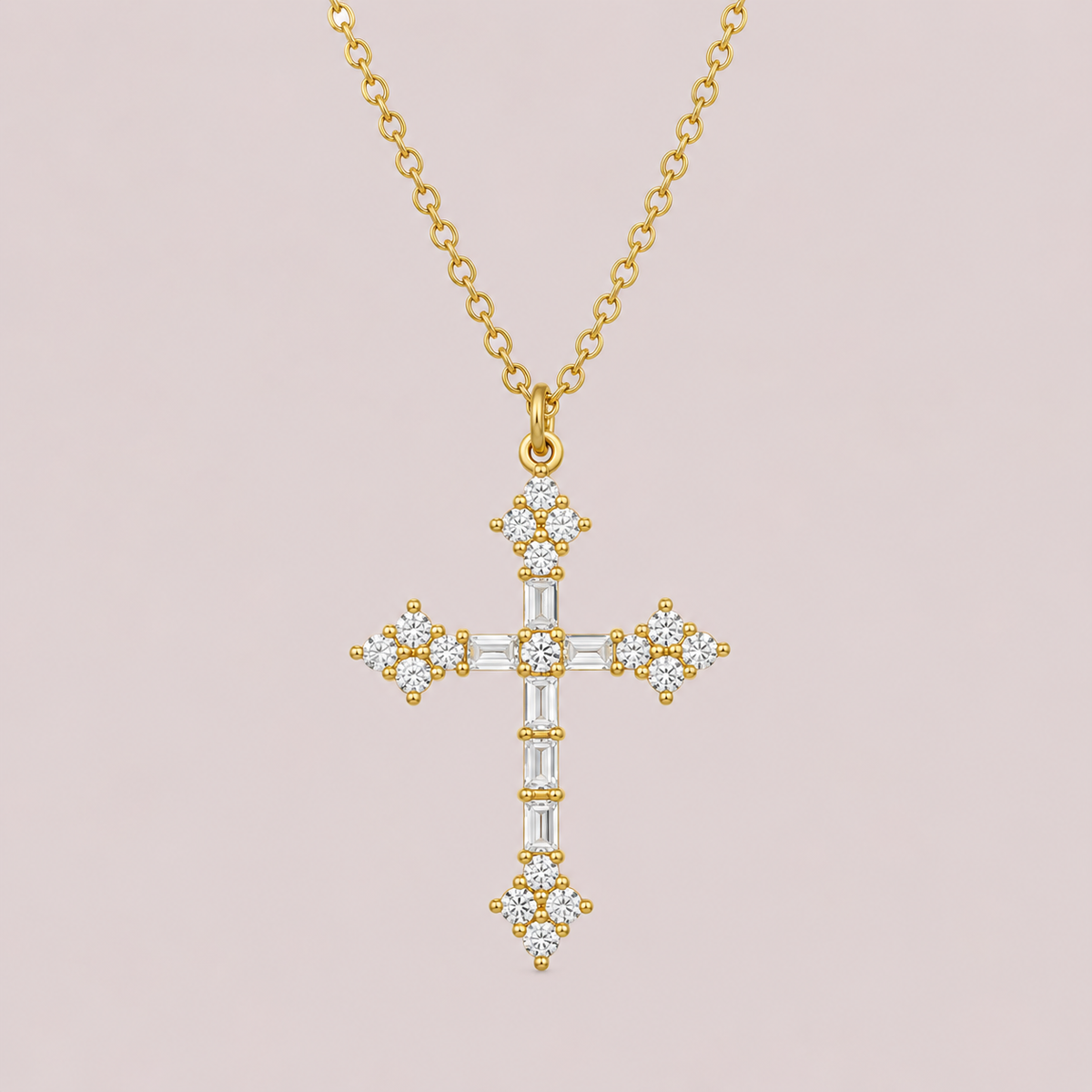 Round and Baguette Diamond Cross Necklace